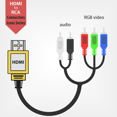 HDMI to RCA adapter flat vector icon. Audio and RGB video connectors, jack cables for digital video and media