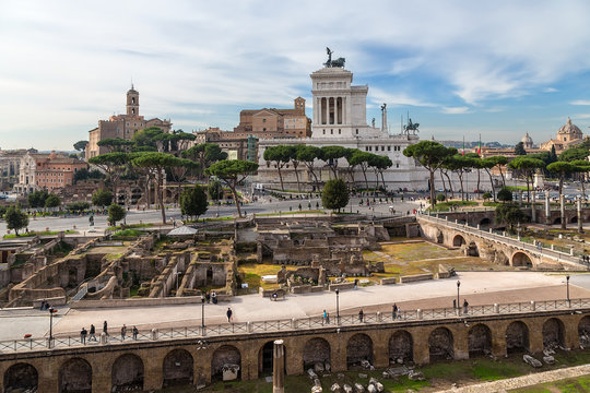 Rome, Italy. Ruins Market and Trajan Forum, Vittoriano Monument on Capitoline Hill