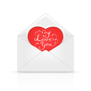 Envelope with red heart and Valentines lettering I love You