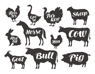 Farm animals, vector set icons. Collection of silhouettes such as horse, cow, bull, sheep, pig, rooster, chicken, hen, goose, rabbit, turkey, goat