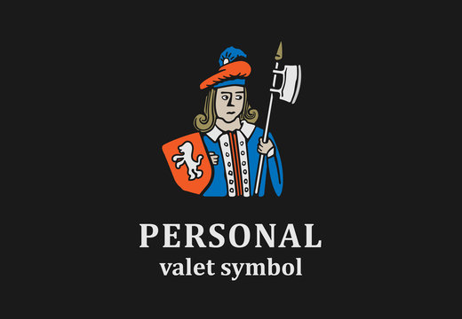 Caricature logo of man with halber on black background.