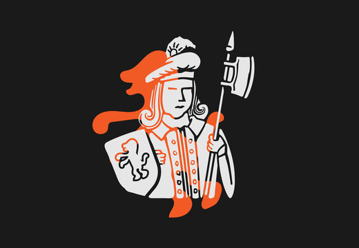Pop art symbol of man with halberd under geraldic lion.
