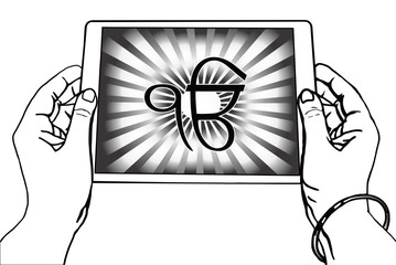 Hands holding a tablet on which the Ek Onkar is the symbol of Sikhism. Black-and-white gradient rays, a transparent background.