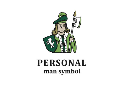 Caricature logo of man with halber on white background.