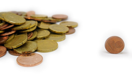 Money - European Cent coins on a heap plus a single coin - white