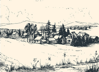 Countryside landscape, Hand drawn illustration sketch.