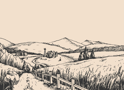 Rural landscape with hills, in the graphic style, illustration is hand-drawn.