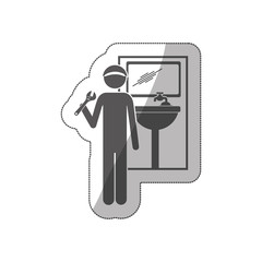 sticker silhouette plumber with spanner in bathroom vector illustration