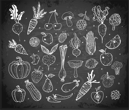 Doodle sketch fresh fruits and vegetables on blackboard background