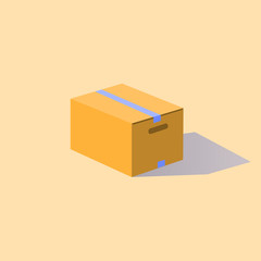 Carton box sealed with tape. Vector flat item isolated on yellow