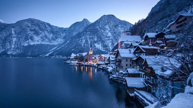 Hallstatt day to night time-lapse in winter, Salzkammergut, Austria