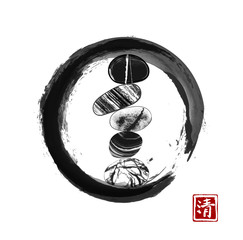 Pebble zen stones balance in black enso zen circle on white background. Traditional Japanese ink painting sumi-e. Contains hieroglyph - zen