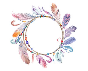 Watercolor colorful feathers frame. Hand drawn boho wreath for wedding