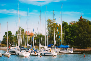 Harbour And Quay Yacht In Summer Day. Helsinki, Finland. 