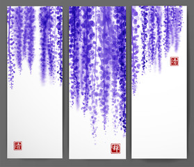 Banners with wisteria hand drawn with ink. Contains hieroglyphs - zen, clarity. Traditional oriental ink painting sumi-e, u-sin, go-hua. Bunches of flowers.
