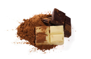 Black and white chocolate bars with pile cocoa powder isolated on white background