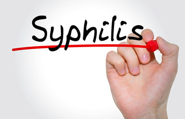 Hand writing inscription Syphilis with marker, concept