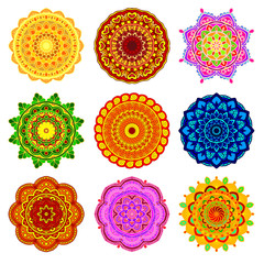 vector set mandala in different colors isolated on white background