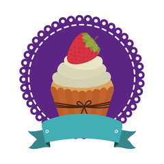circular border with cupcake with cream and strawberry