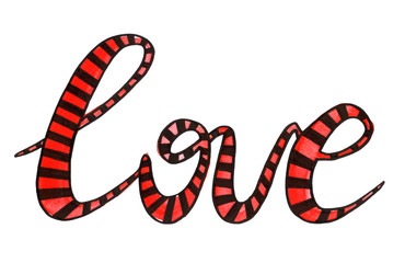 Watercolor hand drawn red striped word love. Lettering. Valentin