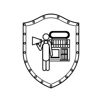 shopkeeper holding megaphone inside shield clip art preview