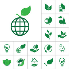 globe icon with leaf, alternative energy set on white background