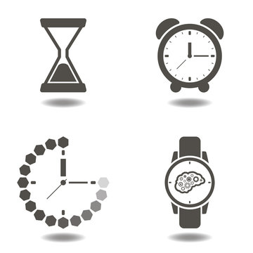 Watch, clock and alarm clock vector eps10 icon set on white isolated background. Wristwatch icon, hourglass, sand clocks, wall clocks. The sign of hours. Time illustration business concept