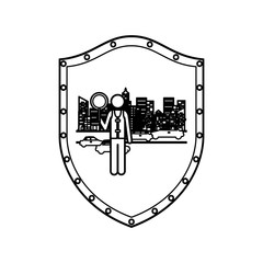 contour shield of traffic guard in city with cars vector illustration