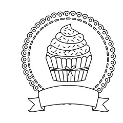 contour circular border with cupcake with cream and sparks vector illustration