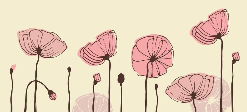 Hand-drawn poppies. Vector banner