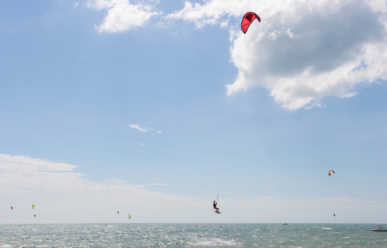 Kitesurfer jumping on beautiful background