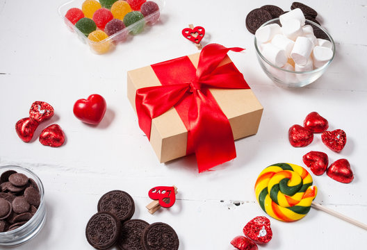 composition with sweets, candies and gift box. valentine's or mother' day