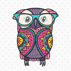 Color cute decorative ornamental Owl with glasses, vector doodle illustration