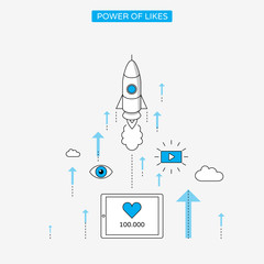 Power of likes - linear style infographics with rocket launch.