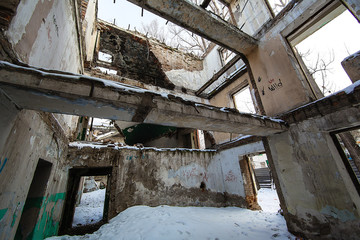 destroyed house after an earthquake, snow disaster, house fire