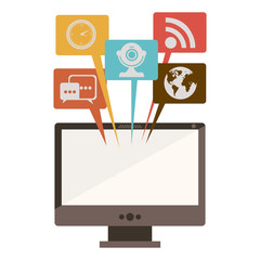 silhouette with desktop computer with icons dialogue of social networks vector illustration