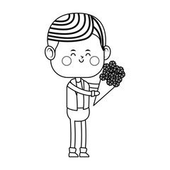 kawaii boy with flowers bouquet over white background. colorful design. vector illustration