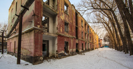 destroyed house after an earthquake, snow disaster
