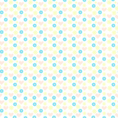 Hand drawn cute seamless pattern with hearts and flowers. Pink, blue and yellow colors.
