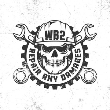 Mechanical repair workshop retro logo with skull in hard hat, crossed spanners and gear. Vector layered illustration - worn textures can be disabled.