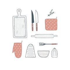 Wooden cutting board, knife, whisk, bowl, grater, rolling pin, oven mitt, pot holder, jar set. Hand drawn cooking utensils. Cookware, kitchenware, kitchen utensils. Vector illustration. Isolated