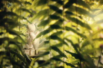 Blurry of little bear in fern garden,rainy day. background for Valentine's day. Selective focus and color toned.