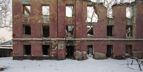destroyed house after an earthquake, snow disaster