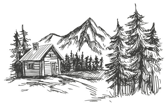 log cabin in the woods drawing