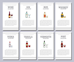 Vector alcohol list with icons for bar menu. Champagne liquor cognac absinte beer sambuca cider brandy. Brochure cafe restaurant illustration. Template background.