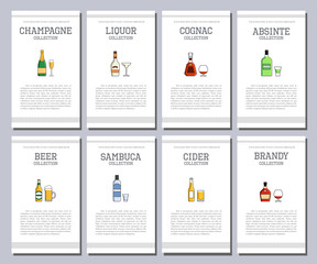 Vector alcohol list with icons for bar menu. Vodka wine whiskey tequila vermouth gin rum port. Brochure cafe restaurant illustration. Template background.