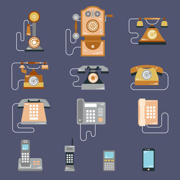 Vector illustration of evolution of communication devices from classic phone to modern mobile phone. Retro vintage icons set. Cell symbols silhouettes isolated. Flat style