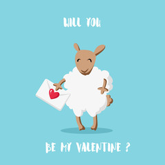 Will you be my Valentine? Cartoon sheep with envelope-style flat. Happy Valentine's card. Vector