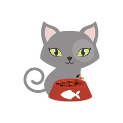 gray small cat green eyes plate food fish print vector illustration eps 10