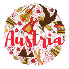 Austria Landmark Travel and Journey Infographic Vector Design. Austria country design template. Template for souvenir Greeting Card, cup, t-shirt, notebook.
